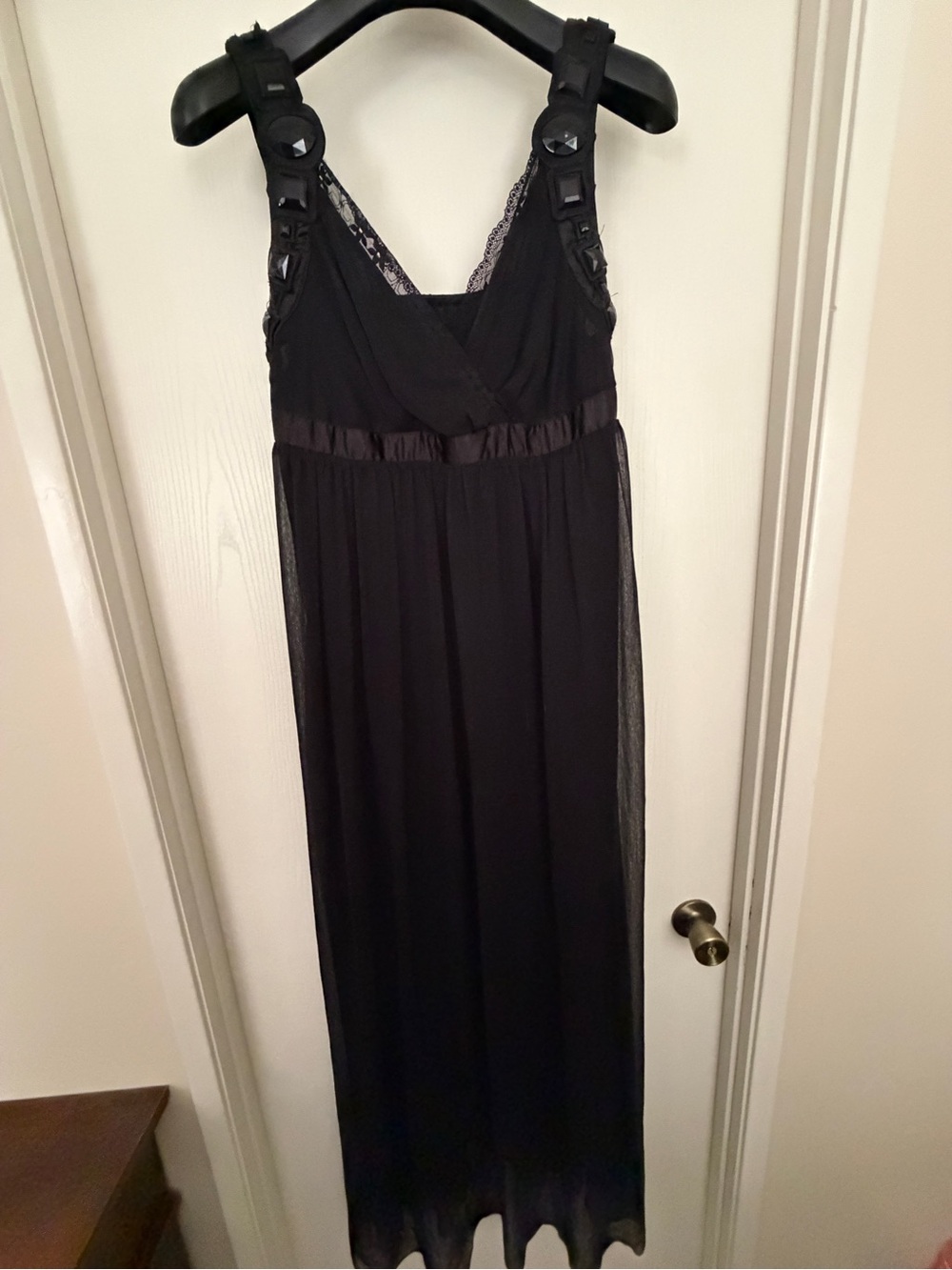 Elegant Black Maxi Dress with Lace and Embellished Straps